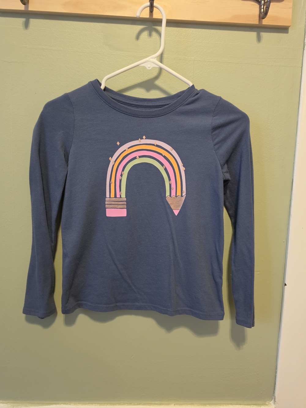 Girls' Navy Long-Sleeve Tee with Rainbow Pencil Graphic